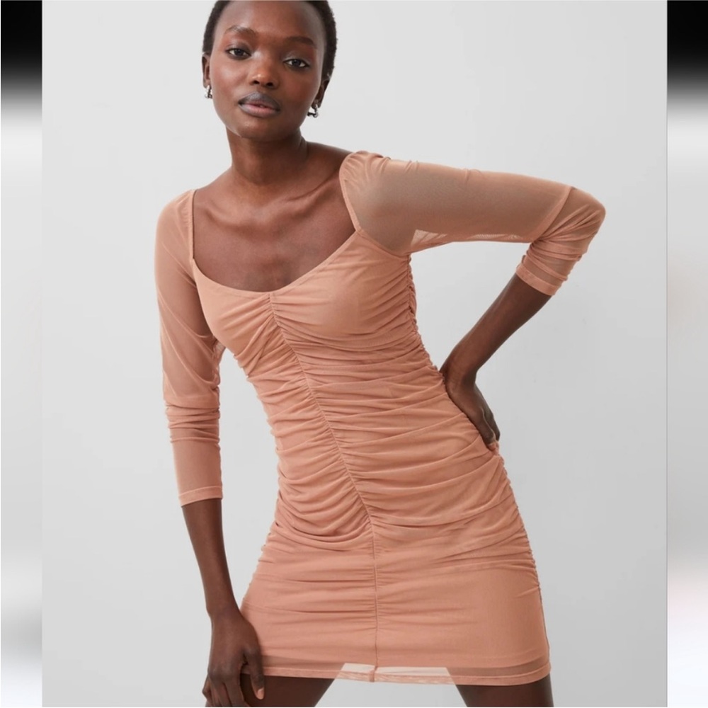 French Connection Toni Mesh Ruched Dress in Mocha Mousse SZ M NWT